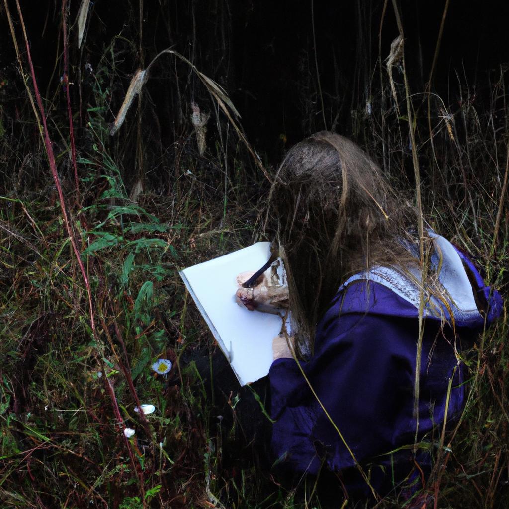 Person writing in forest setting