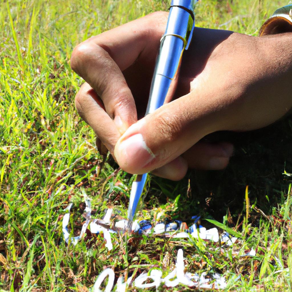 Author writing in grassy field