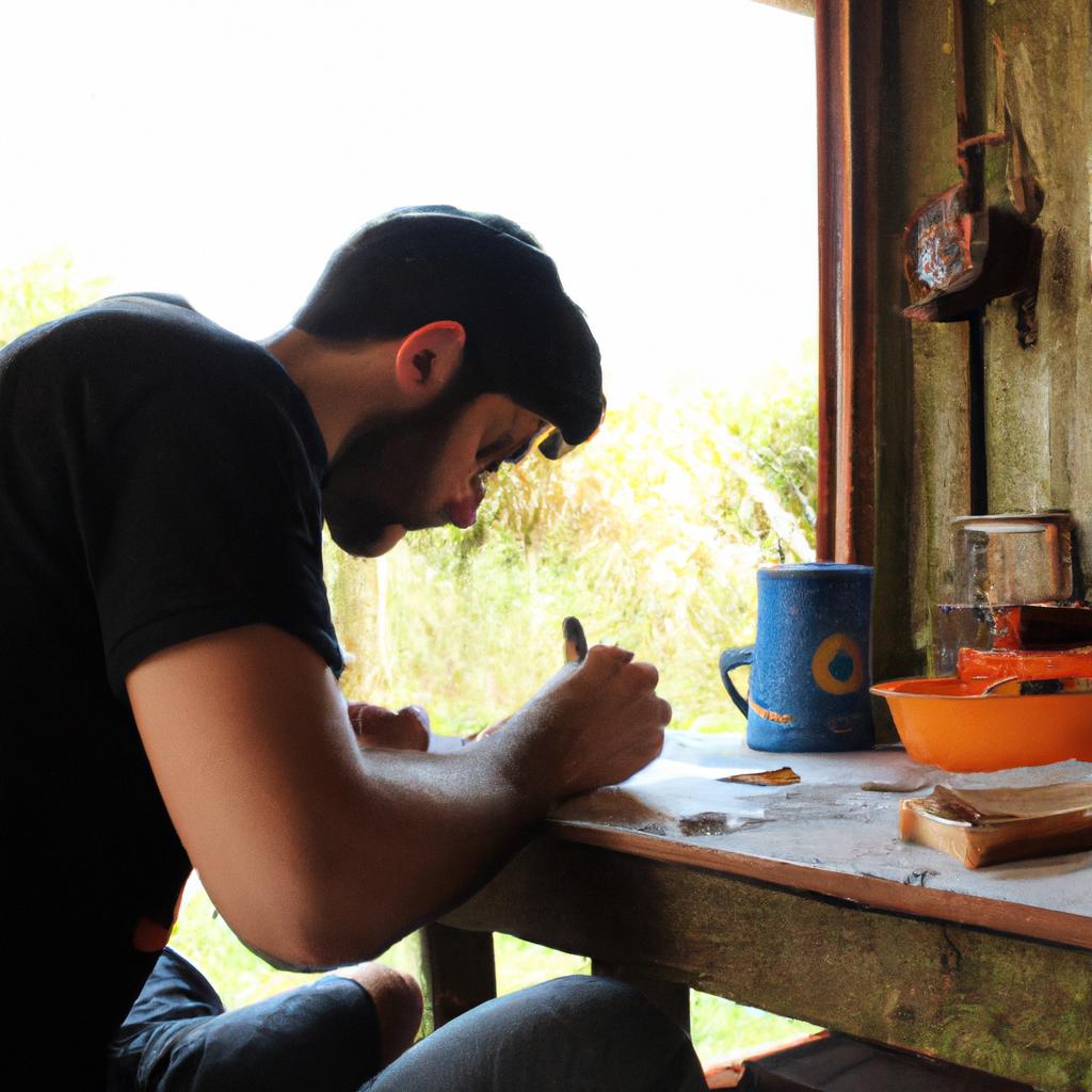 Person writing in a rustic setting